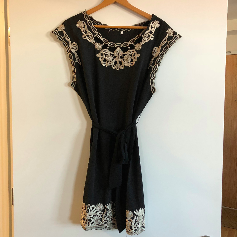 Beautiful Embroidered Black Dress with Belt